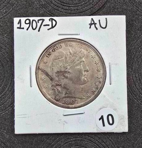 lot 10 image: 1907-D AU Barber Half Dollar