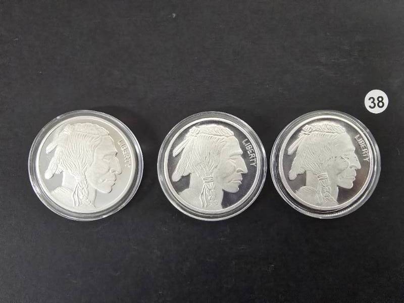 lot 38 image: 3 - 1 oz. Buffalo .999 Fine Silver Rounds