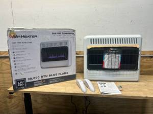 lot 4 image: Mr. Heater 30,000 BTU Vent-Free Blue Flame Heater, Dual Fuel, Natural Gas, LP, Model# MHVFDF30BFT MSRP $229