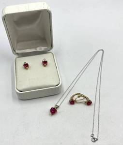10k Gold Heart-Shaped Ruby Jewelry Set with Necklace and Earrings