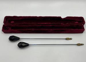 Pair of Vintage Black Glass Hat Pins with Brass Ends and Box