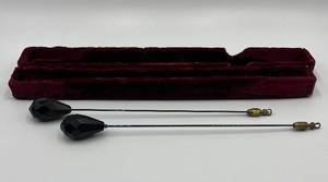 Pair of Vintage Black Glass Hat Pins with Brass Ends and Box