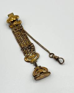 lot 24N image: Antique Victorian Gold Tone Ornate Watch Fob Chain with Monogram Seal