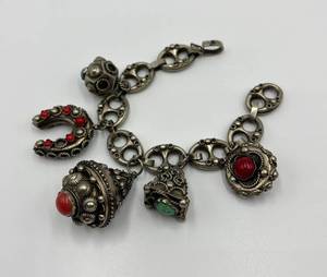 lot 32N image: Vintage Silver Charm Bracelet with Gemstone Accents