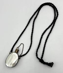 lot 46N image: Antique Mother of Pearl Perfume Flask Pendant with Chain and Cord