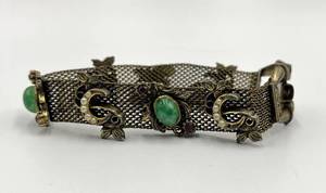 lot 52N image: Vintage Mesh Bracelet with Green Cabochons, Faux Pearls, and Purple Stones