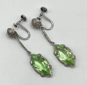 lot 73N image: 10k White Gold Screw-On Drop Earrings with Green Marquise Stones