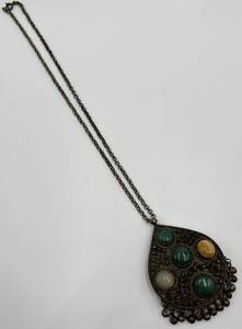 lot 76N image: Tibetan Silver Agate Glass Teardrop Pendant Necklace with 10 Inch Chain