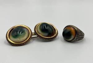 lot 78N image: Sterling Cats Eye Ring and Double Cats Eye Pin Brooch Set