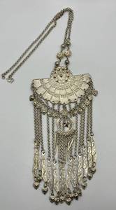 lot 87N image: Tribal Tassel Pendant Necklace with Ornate Silver Tone Design