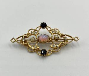 lot 91N image: Vintage Gold Tone Brooch with Opal, Sapphires, Pearls and Rhinestones