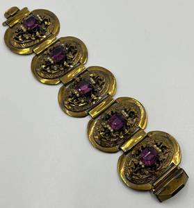 lot 117N image: Mid Century Amethyst Link Bracelet with Ornate Gold Tone Panels