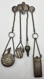 lot 144N image: Victorian Chatelaine with Four Silver Bottles and Coin Motif