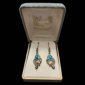 lot 169 image: Black Hills Gold & Silver Turquoise Drop Earrings