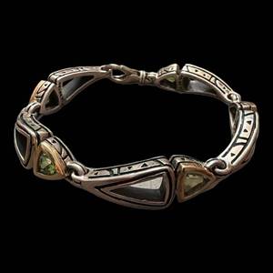 lot 172 image: Sterling Silver & 18K Gold Bracelet with Green Stones - 7 in