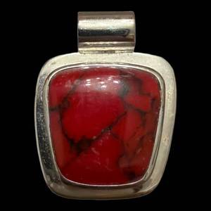 lot 176 image: Pendant - 925 Sterling Silver Mexican Red Cabochon Stone in Square Bezel