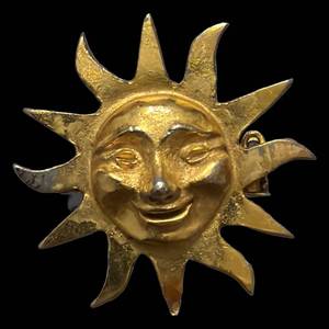 lot 182 image: Sunburst Sun Face Brooch - Gold-Tone Pendant Bail