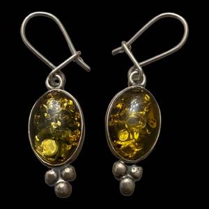 lot 183 image: Amber Oval Cabochon Drop Earrings - Silver-tone