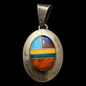 lot 186 image: Ella Peters Sterling Silver Oval Inlay Pendant - Colorful Multi-Stripe Front