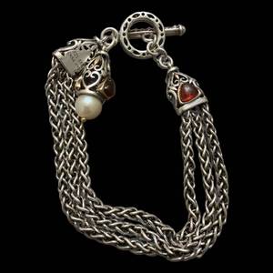 lot 187 image: 925 Sterling Silver Bracelet - Filigree Multi-Chain, 7.5 in, Red Gem Accents