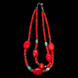lot 193 image: Barse 925 Sterling Silver Red Bead Multi-Strand Necklace with Turquoise Accents - 17-Inch