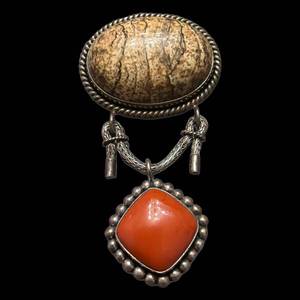lot 200 image: 925 Indonesia Sterling Silver Pendant - Two-Stone Oval Brown-veined Stone & Red Coral