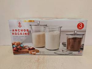 lot 78 image: NEW ANCHOR HOCKING GOODE SUNDRY JAR GLASS STORAGE 3PK.