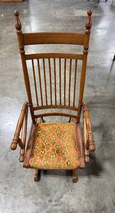 lot 3 image: Vintage Wooden Glider Rocking Chair with Upholstered Seat