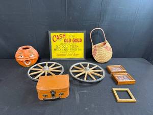 lot 6 image: Vintage Decor and Collectibles Lot Cash for Gold Sign, Pumpkin, Wagon Wheels, Frames, and More