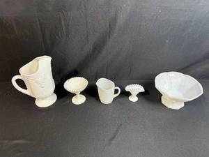 lot 10 image: Collection of 5 White Milk Glass Pieces - Pitchers, Dishes, and Bowls