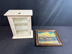 lot 21 image: Small White Wall Cabinet and Framed Art Print