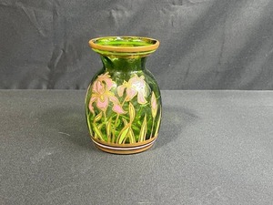 lot 25 image: Art Nouveau Style Hand-Enameled Bohemian Hand-Painted Green Glass Vase with Iris Floral Design, 6 Inch