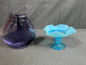 lot 27 image: Vintage Art Glass Pieces - Northwood Button Panels Blue Ruffled Opalescent Compote and Hand-Blown Purple Amethyst Vase