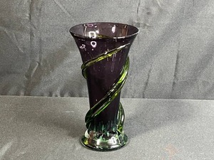 lot 29 image: MCM Purple and Green Hand-Blown Glass Vase with Swirl Design, 8 Inches Tall