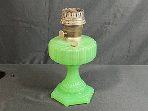 lot 30 image: Vintage Green Uranium Glass Oil Lamp with Brass Burner