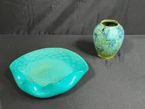 lot 34 image: MCM Decorative Murano Like Art Glass Bowl and Brush-McCoy Green Onyx Glazed Pottery Vase Set