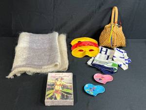 lot 37 image: Eclectic Decor Collection with Scarf, Heart Dishes, Wicker Basket and Masks