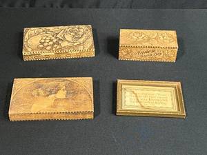 lot 38 image: Collection of 4 Antique Pyrography Wooden Boxes and Framed Motto