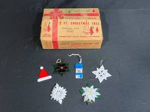 lot 41 image: Vintage Evergleam 2 Ft Aluminum Christmas Tree with Box and Handmade Ornaments