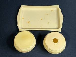 lot 49 image: Vintage Ivory Plastic Vanity Set with Tray and Lidded Jars & Hair Receiver