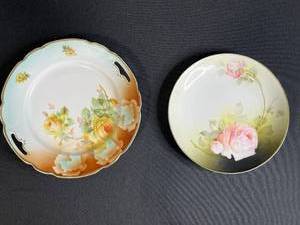 lot 50 image: Set of 2 Antique Porcelain Plates with Floral Rose Designs