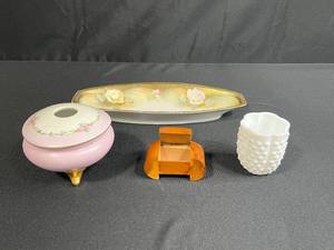 lot 51 image: Vintage Porcelain Vanity Set with Hand Painted Tray, Bavaria Vase, Milk Glass Toothpick Holder, and Wood Trinket Box