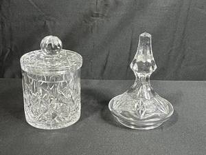 lot 52 image: Cut Glass Crystal Canister and Decanter Stopper Set
