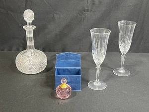 lot 54 image: Crystal Decanter, 2 Champagne Flutes, and Pink Perfume Bottle Set