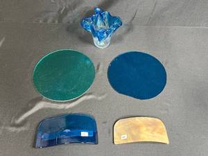 lot 58 image: Assorted Fused Art Glass Pieces Including Vase, Rounds, and Sculpted Forms
