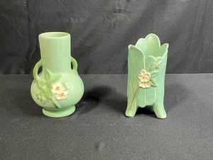 lot 66 image: Pair of Vintage Weller Green Pottery Floral Vases
