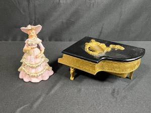 lot 70 image: Vintage Ardalt Porcelain Lady Figurine (chipped lace) and Grand Piano Jewelry Box