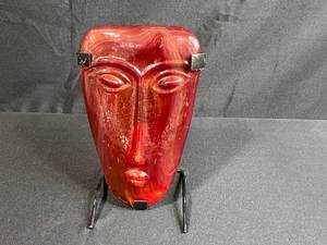lot 71 image: Handcrafted Red Glass Face Sculpture with Metal Stand