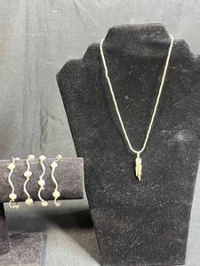 lot 79 image: 925 Silver Necklace with Abstract Pendant and 4 Pearl Accent Bracelets