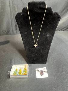 lot 81 image: Sterling Silver Dragonfly Necklace, Dichroic Glass Earring & Pendant Set, Beaded Spider Pin
